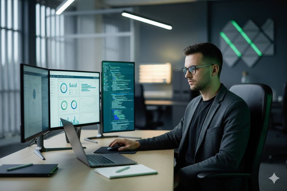 Analista trabajando con cuadros de mando en varios monitores