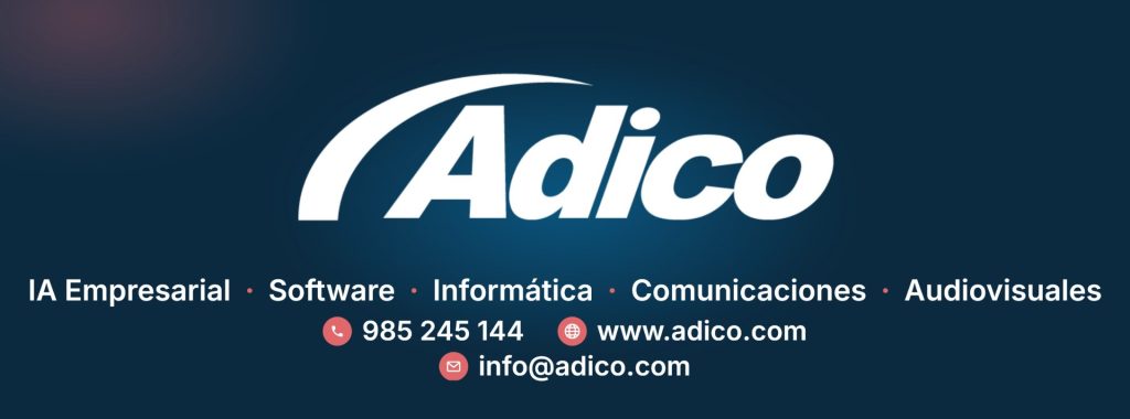 Adico - El partner tecnológico que tu empresa necesita Valla horizontal de ADICO con sus especialidades y datos de contacto